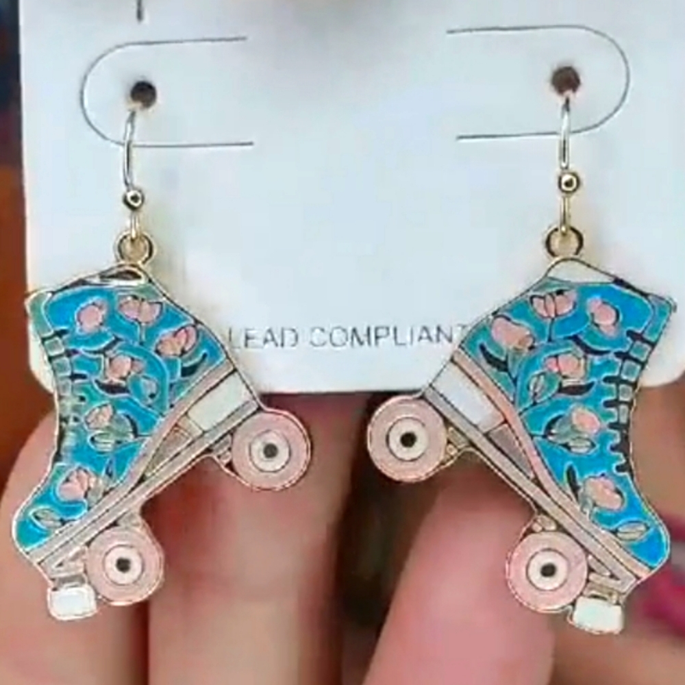 Enamel Roller Skate Earrings with Flowers in Turquoise, Pink, & Gold